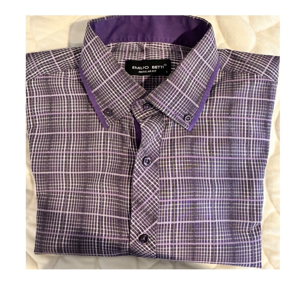 Emilio Betti Plaid Button Down Shirt Regular Fit Purple Accents Mens L